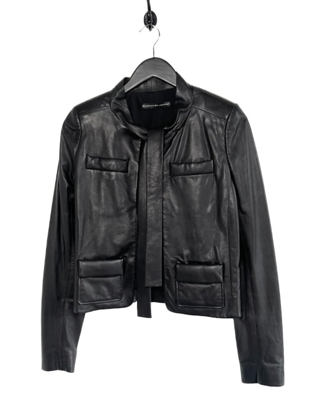 Balenciaga Black Leather Neck Tie Open Jacket
